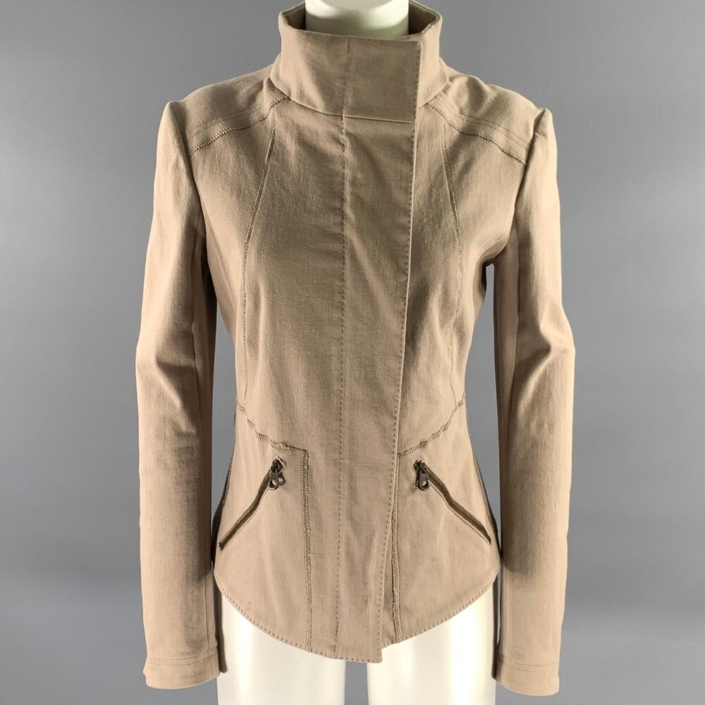 DONNA KARAN Size 8 Beige Cotton Blend Mock Collar Jacket